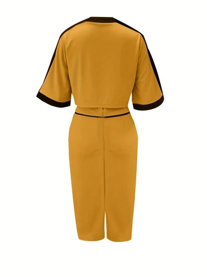 vlovelaw Contrast Trim Two-piece Skirt Set, Half Sleeve Crop Top & Elegant Bodycon Skirt Outfits, Women's Clothing