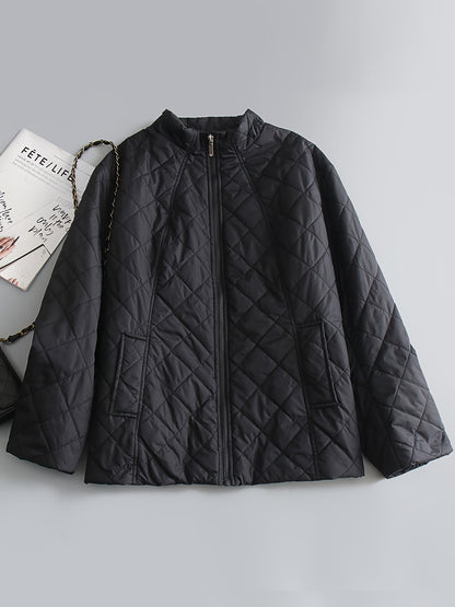 Plus Size Casual Coat, Women's Plus Solid Quilted Zipper Long Sleeve Mock Neck Puffer Coat With Pockets