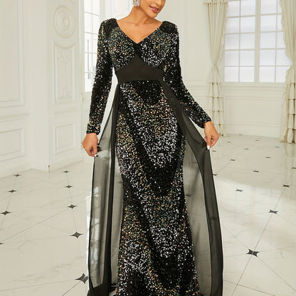 vlovelaw  Sequined V Neck Bridesmaid Dress, Elegant Long Sleeve Floor Length Dress For Wedding Party, Women's Clothing