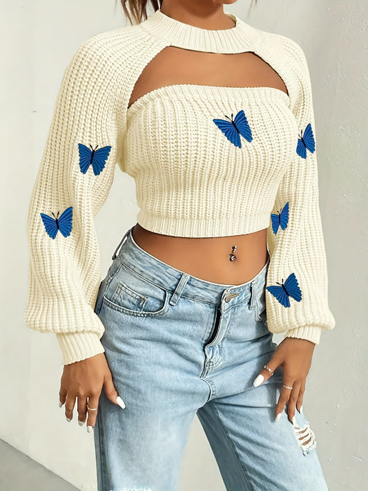vlovelaw Casual Butterfly Pattern Two-piece Set, Crop Lantern Sleeve Sweater & Strapless Tube Knitted Top, Women's Clothing