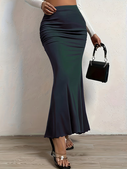 vlovelaw  Plus Size Sexy Skirt, Women's Plus Solid Side Ruched Elastic High Rise Medium Stretch Maxi Mermaid Skirt