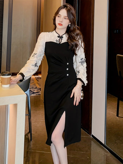 Split Hem Dress, Elegant Long Sleeve Slim Ruched Midi Dress, Women's Clothing