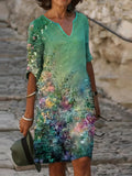 vlovelaw  Oil Painting Floral Print Dress, Casual V-Neck Short Sleeve Dress, Women's Clothing
