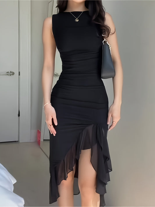 vlovelaw Solid Ruffle Mesh Trim Dress, Elegant Sleeveless Slim Dress For Spring & Summer, Women's Clothing