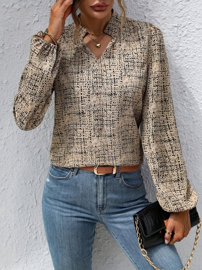 vlovelaw All Over Print Notch Neck Blouse, Casual Long Lantern Sleeve Blouse For Spring & Fall, Women's Clothing