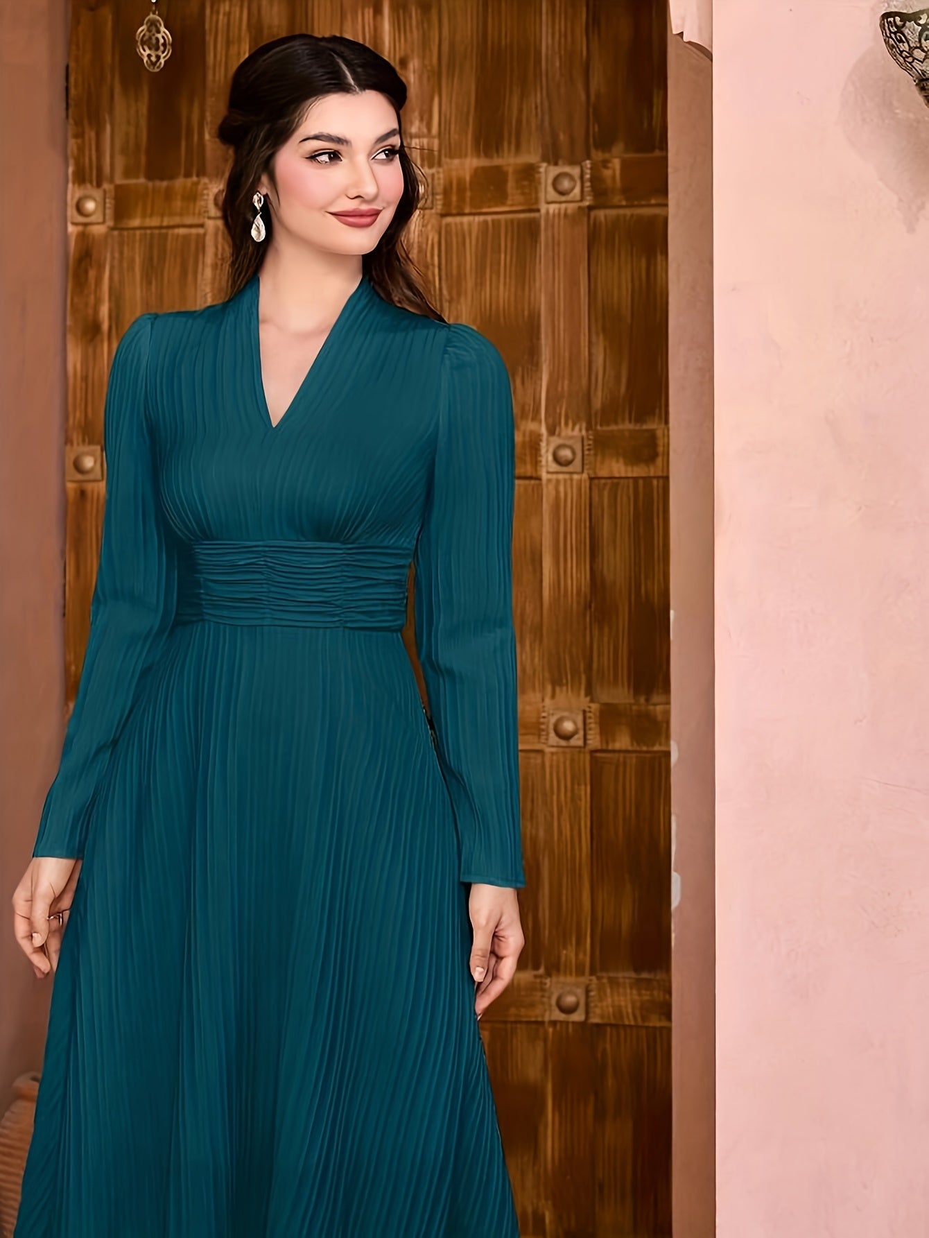 vlovelaw Solid V Neck Dress, Elegant Long Sleeve Shirred Waist Dress, Women's Clothing