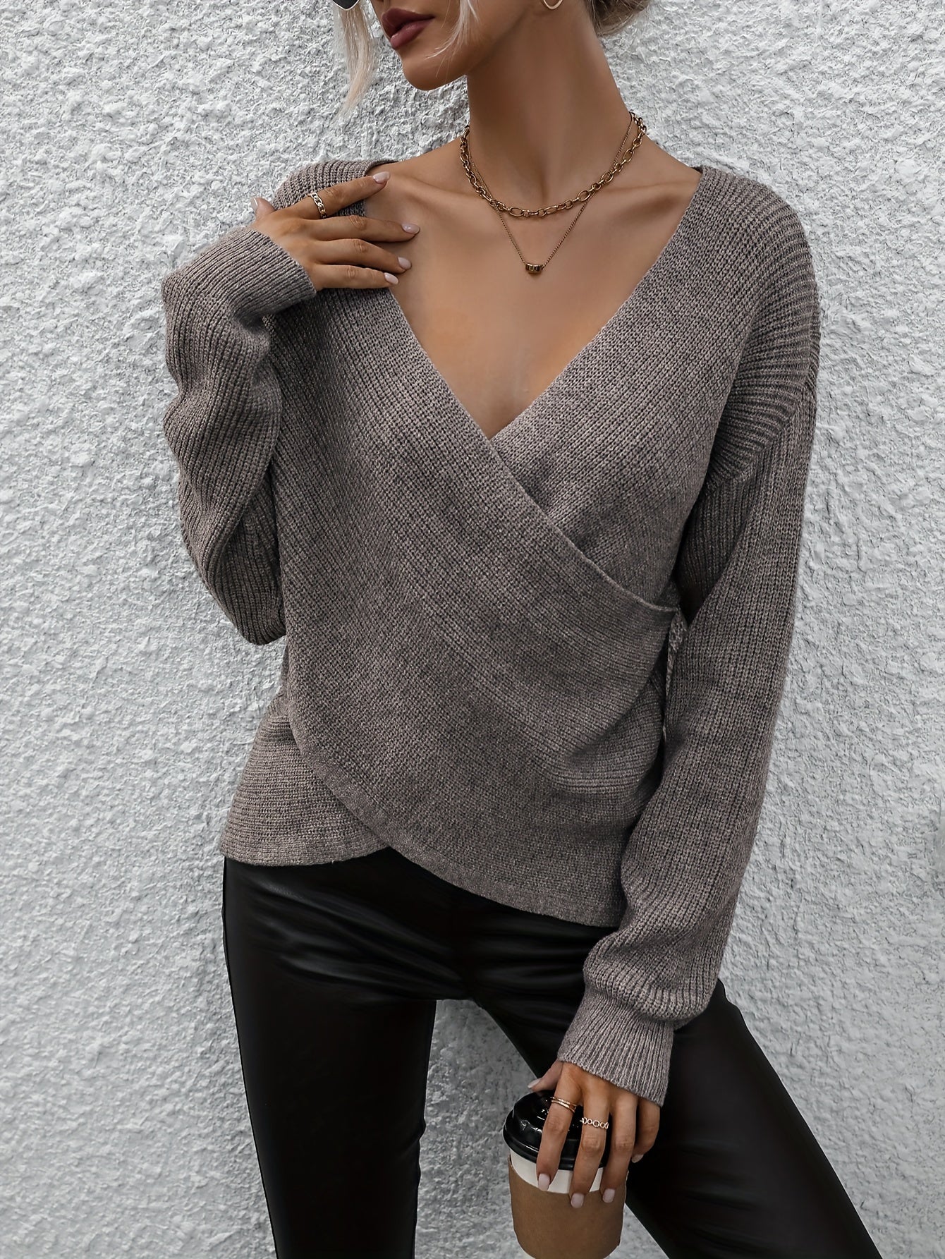 vlovelaw  Surplice Neck Knitted Pullover Top, Casual Long Sleeve Sweater For Fall & Winter, Women's Clothing