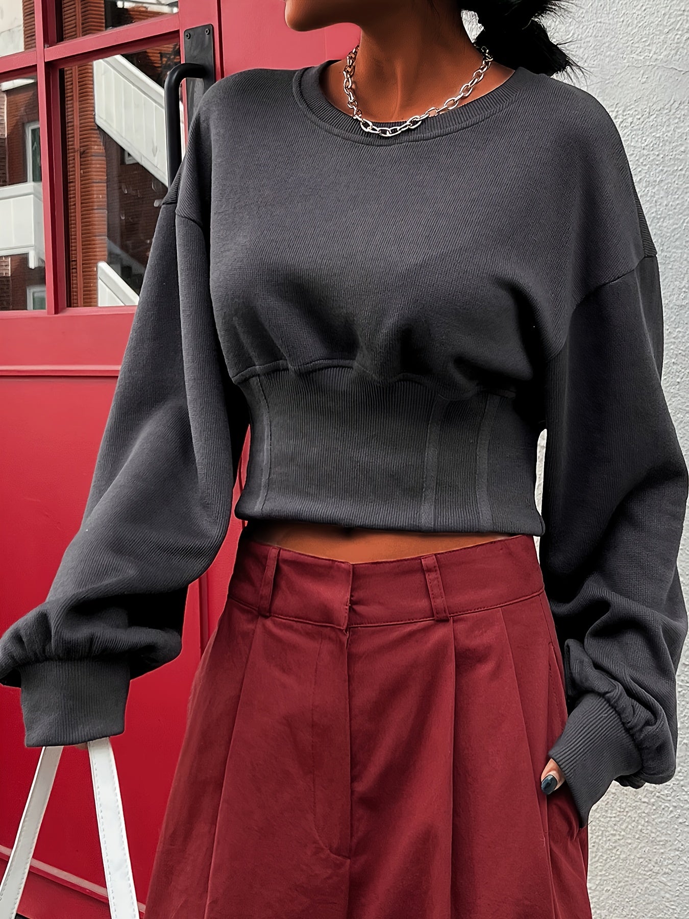 vlovelaw  Drop Shoulder Cinched Waist Sweatshirt, Stylish Long Sleeve Crew Neck Sweatshirt For Fall & Winter, Women's Clothing