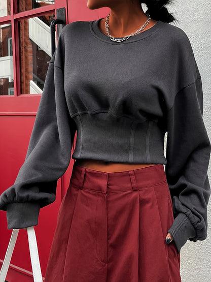 vlovelaw  Drop Shoulder Cinched Waist Sweatshirt, Stylish Long Sleeve Crew Neck Sweatshirt For Fall & Winter, Women's Clothing