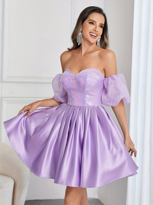 vlovelaw  Sequined Off Shoulder Solid Midi Dress, Elegant Backless Puff Sleeve Ruffle Hem Wedding Dress, Women's Clothing