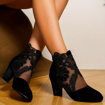 vlovelaw  Women's Flower Pattern Block Heels, Breathable Mesh Back Zipper Heels, Women's Stylish Heels