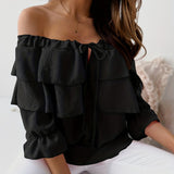vlovelaw  Ruffle Trim Layered Blouse, Sexy Off Shoulder Solid Blouse, Women's Clothing