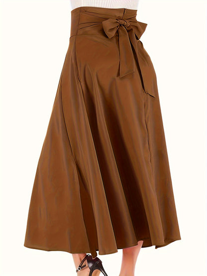 Plus Size Casual Skirt, Women's Plus Solid High Rise Belted Zipper Back A-line Skirt