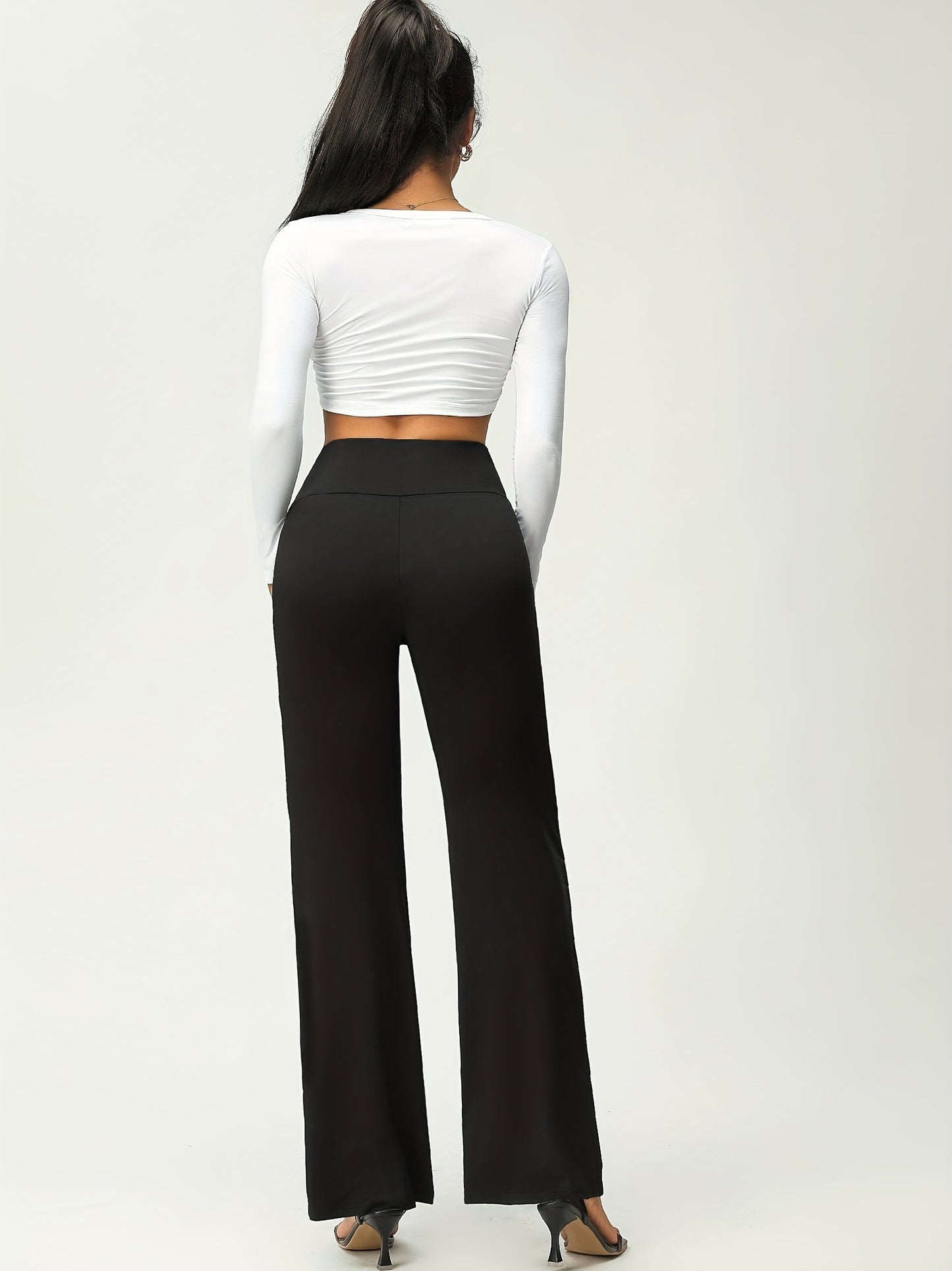 vlovelaw  Women's Solid Flare Leg Pants, High Waist Stretchy Pants, Casual Every Day Pants, Women's Clothing