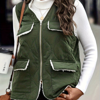 vlovelaw  V-neck Fleece Warm Sleeveless Jacket, Warm Zipper Vest For Winter Fall Outdoor Sports, Women's Clothing