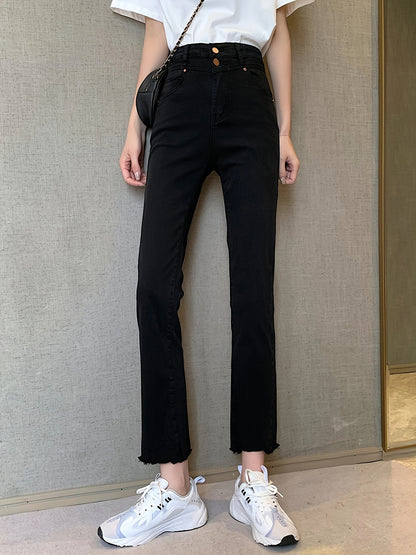 vlovelaw  Black Raw Trim Cropped Jeans, High Waist Fashion Stretchy Casual Denim Pants, Women's Denim Jeans & Clothing