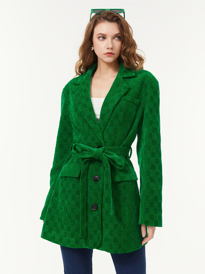 Solid Button Down Belted Blazer, Casual Long Sleeve Lapel Blazer For Fall & Winter, Women's Clothing
