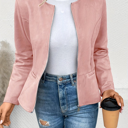 vlovelaw Solid Zip Up Jacket, Casual Long Sleeve Crew Neck Outerwear For Spring & Fall, Women's Clothing