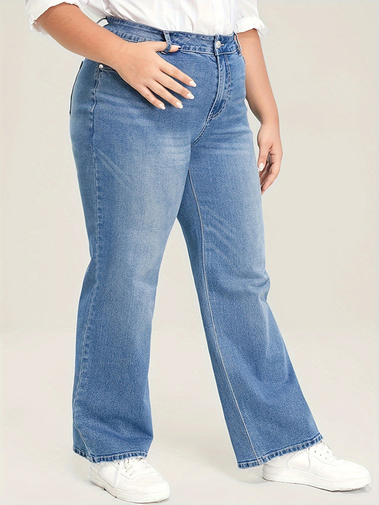 vlovelaw  Plus Size Basic Jeans, Women's Plus Washed Button Fly High Rise Medium Stretch Wide Leg Jeans
