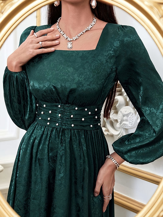 vlovelaw  Square Neck Cinched Waist Dress, Elegant Long Sleeve Dress For Spring & Fall, Women's Clothing