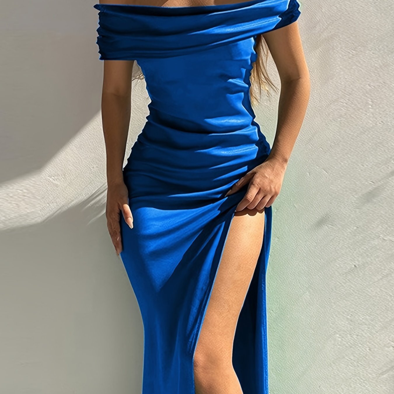 vlovelaw  Off Shoulder Slit Maxi Dress, Elegant Formal Party Evening Waist Solid Color Sleeveless Mid-length Dresses, Women's Clothing