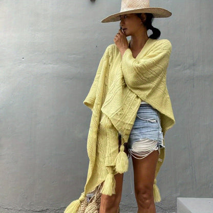 vlovelaw  Ribbed Knitted Tassel Shawl Warm Windproof Wrap Poncho Boho Solid Color Cloak Trendy Sweater Cape Cardigan