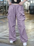 vlovelaw Plus Size Casual Pants, Women's Plus Solid Elastic Drawstring High Rise Loose Parachute Cargo Pants With Pockets