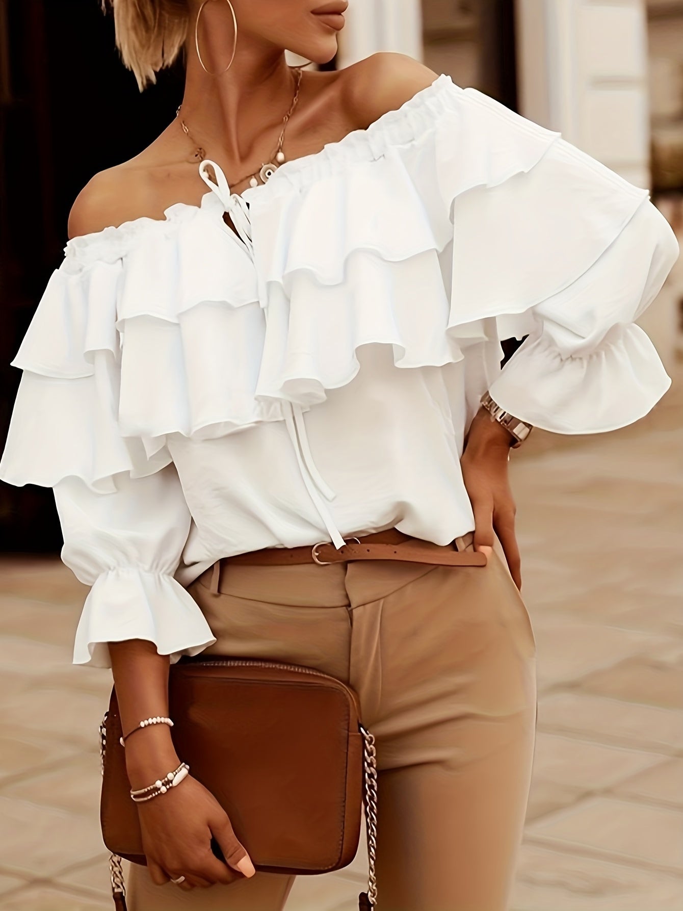 vlovelaw  Ruffle Trim Layered Blouse, Sexy Off Shoulder Solid Blouse, Women's Clothing