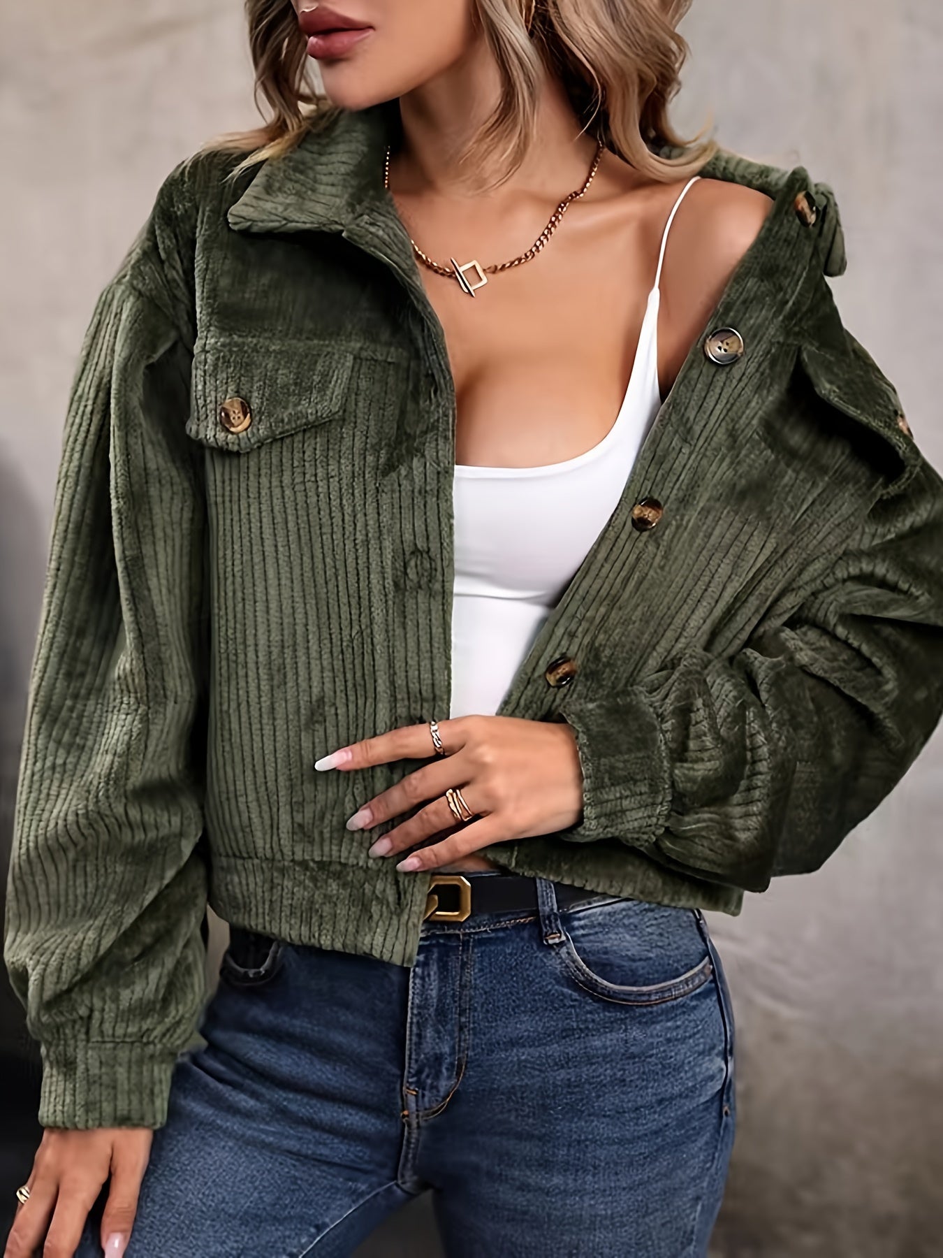 Solid Corduroy Button Front Jacket, Casual Long Sleeve Outwear For Spring & Fall, Women's Clothing