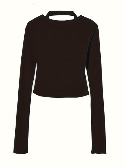 vlovelaw Solid Button Front Crop T-Shirt, Versatile Faux Halter Long Sleeve T-Shirt For Spring & Fall, Women's Clothing
