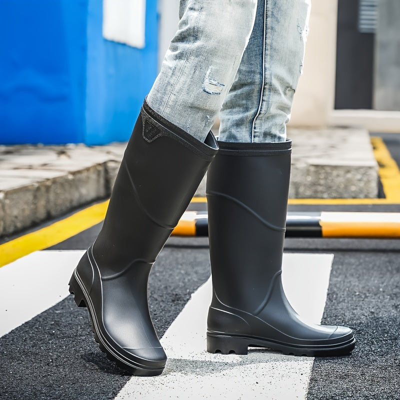 Men's Solid Color Professional Knee High Waterproof Rain Boots, Comfy Non Slip Durable Water Shoes For Men's Rainy Day Outdoor