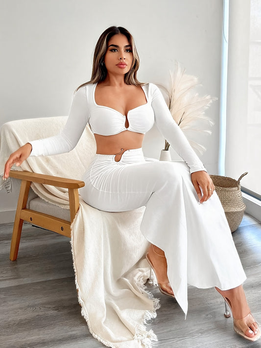 vlovelaw Sexy Solid Slim Two-piece Skirt Set, Crop Square Neck Long Sleeve Top & High Split Bodycon Skirt Outfits, Women's Clothing