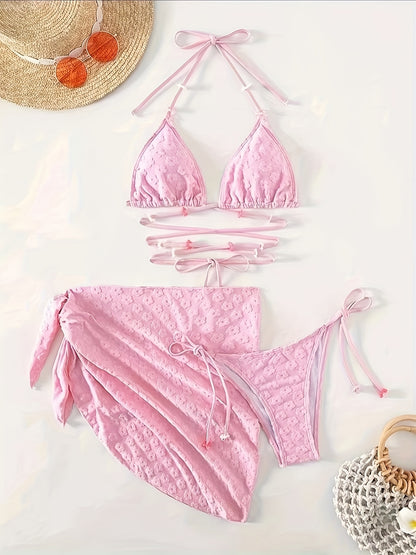 3-Piece Womens Chic Plain Textured Bikini Set - Flattering Halter Top, Adjustable Tie-Side Bottoms, Stylish Wrap Skirt for Beach & Pool Fashion
