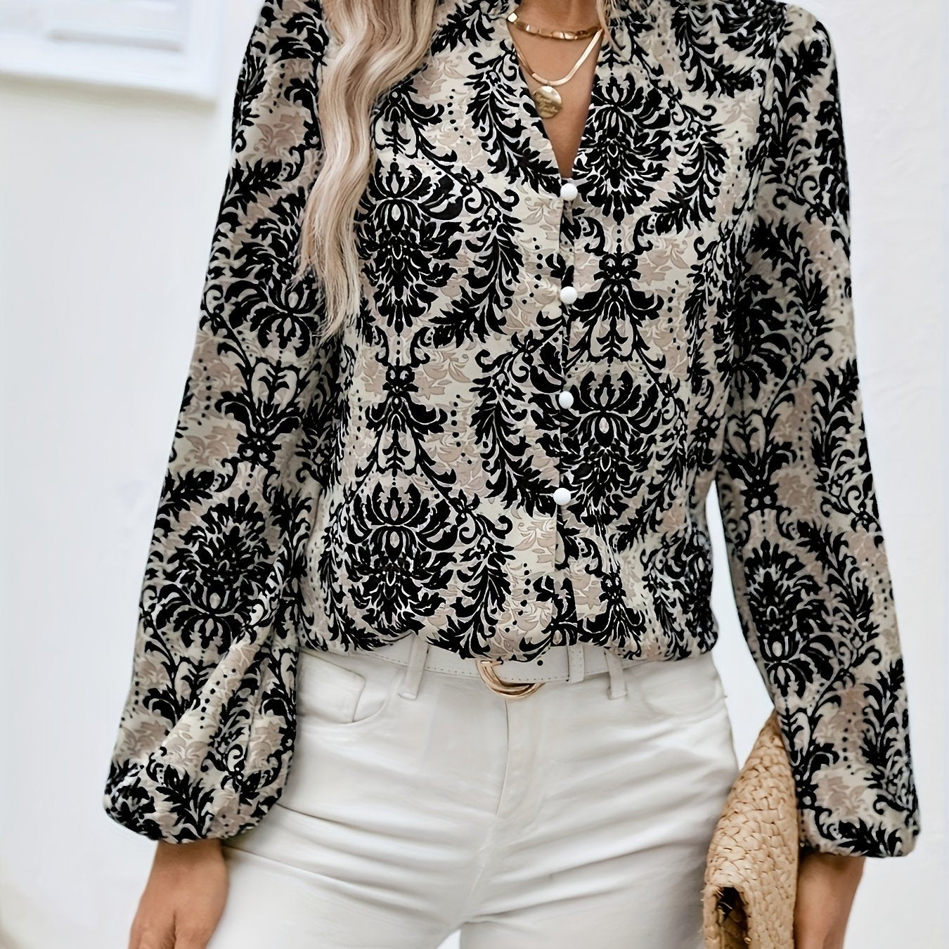 Ethnic Floral Print Blouse, Boho V Neck Long Sleeve Blouse, Women's Clothing
