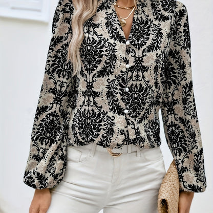 Ethnic Floral Print Blouse, Boho V Neck Long Sleeve Blouse, Women's Clothing