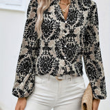 Ethnic Floral Print Blouse, Boho V Neck Long Sleeve Blouse, Women's Clothing