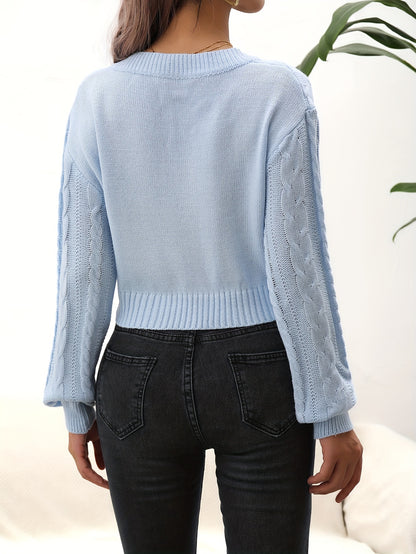 vlovelaw  Solid Cable V Neck Sweater, Casual Long Sleeve Drop Shoulder Sweater, Women's Clothing
