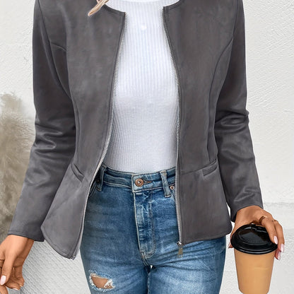 vlovelaw Solid Zip Up Jacket, Casual Long Sleeve Crew Neck Outerwear For Spring & Fall, Women's Clothing