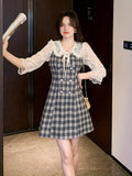 Plaid Print Contrast Lace Dress, Elegant Bodycon Tie Front A Line Dress, Women's Clothing