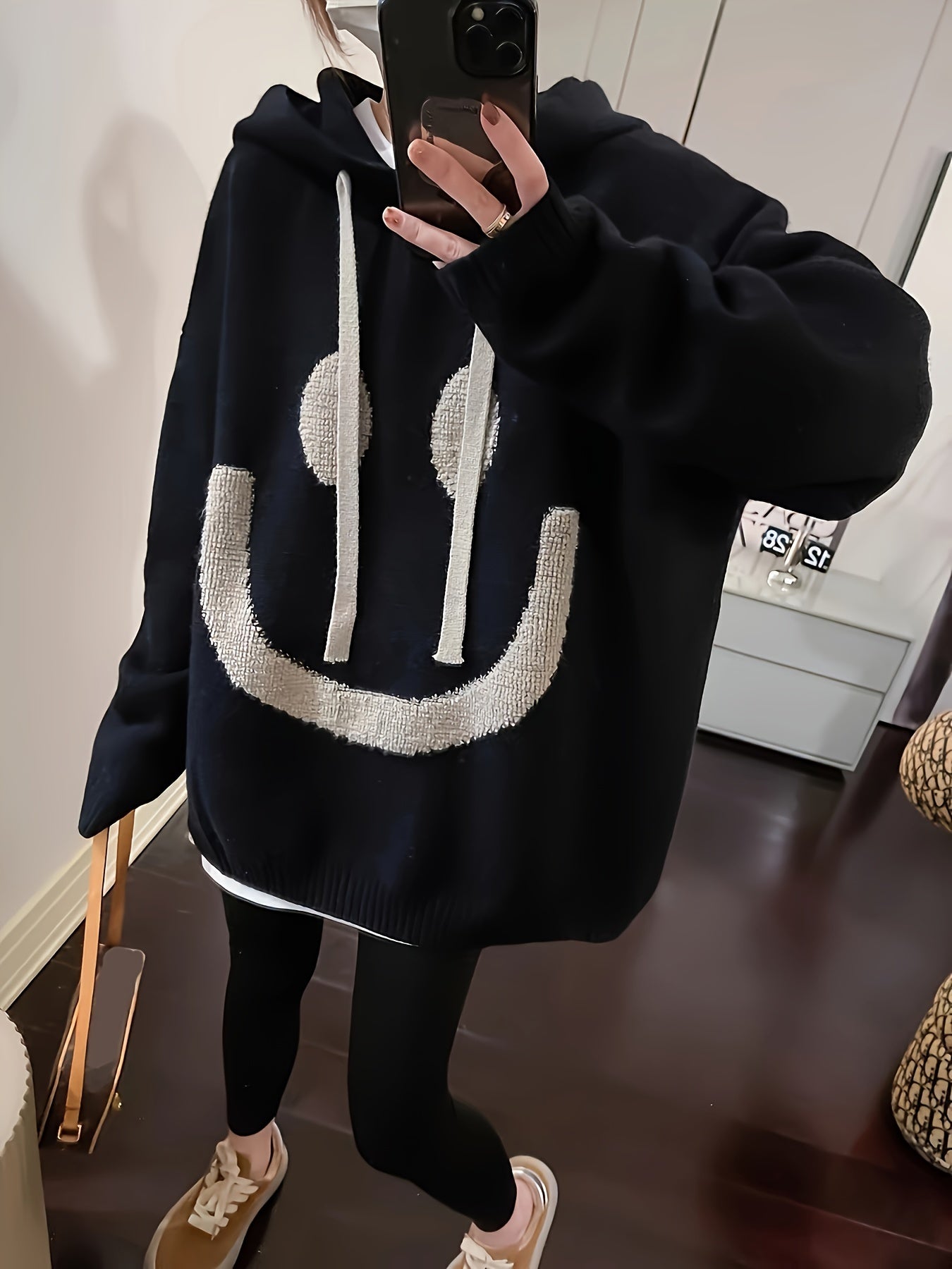 vlovelaw Smile Face Print Drawstring Hoodie, Casual Long Sleeve Drop Shoulder Top, Women's Clothing