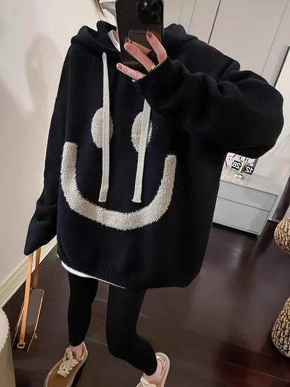 vlovelaw Smile Face Print Drawstring Hoodie, Casual Long Sleeve Drop Shoulder Top, Women's Clothing