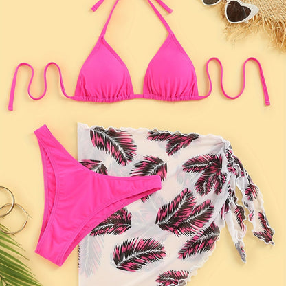 Three-Piece Bikini Set - Flattering Halter Neck Design, Ultra Quick-Drying Technology, Comfortable Four-Way Stretch Fabric - Designed for Women, Vibrant Feather Print Pattern, Matching Cover Up Skirt, Perfect for Beachwear and Poolside Fashion