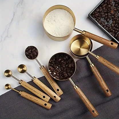 8pcs Set Stainless Steel Measuring Cups And Spoons With Acacia Wood Handles, Durable Kitchen Baking Tools, Includes Spice Spoon & Coffee Scoop, Nesting Design For Easy Storage