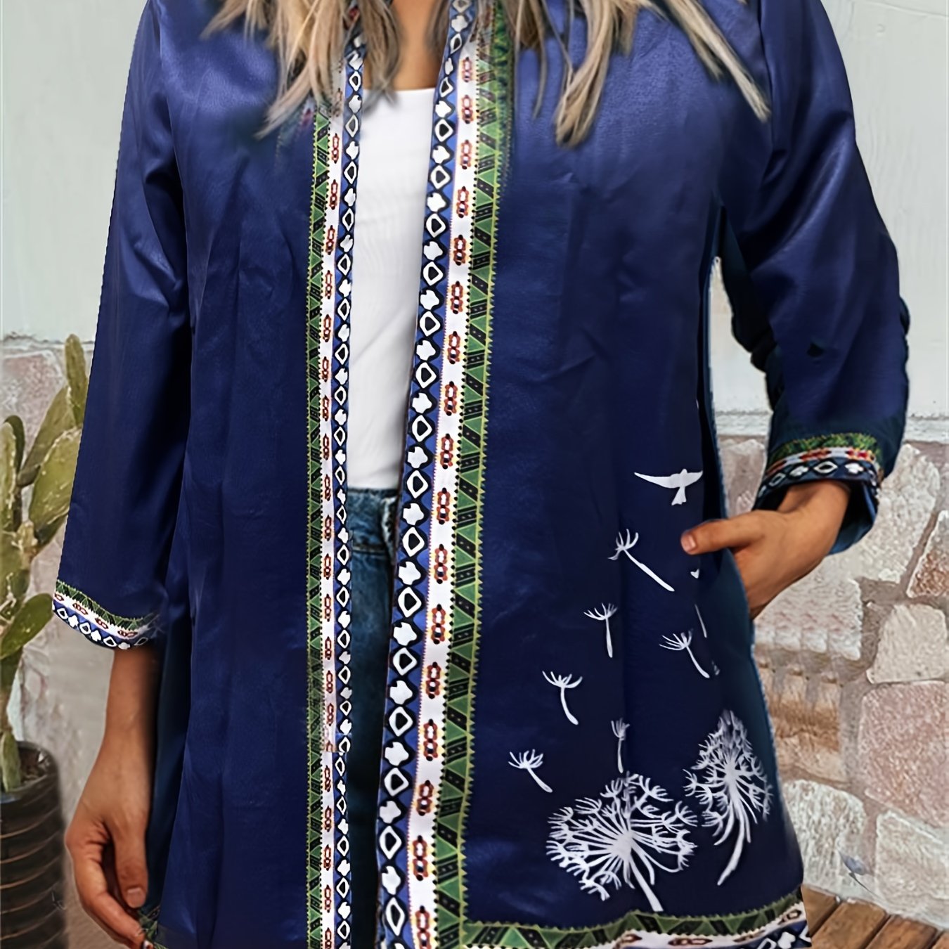 Ethnic Print Open Front Jacket, Vintage Long Sleeve Crew Neck Outerwear, Women's Clothing