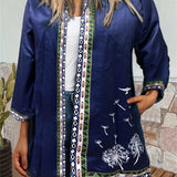 Ethnic Print Open Front Jacket, Vintage Long Sleeve Crew Neck Outerwear, Women's Clothing