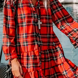 vlovelaw  Plaid Print Button Front Shirt Dress, Casual Long Sleeve V-neck Dress For Spring & Fall, Women's Clothing