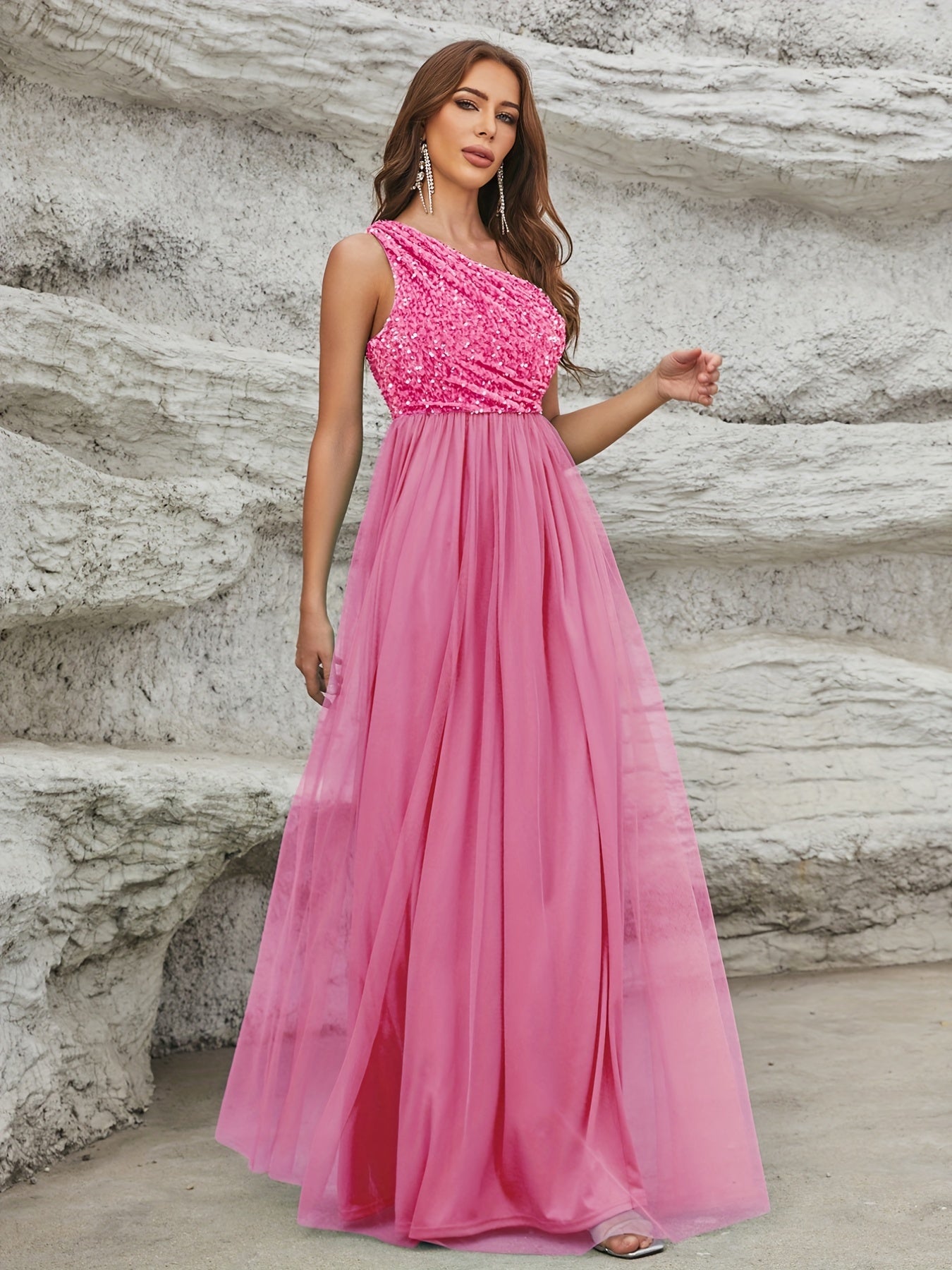 vlovelaw  One Shoulder Sequin Dress, Elegant Sleeveless Dress For Party & Banquet, Women's Clothing