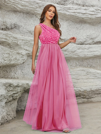 vlovelaw  One Shoulder Sequin Dress, Elegant Sleeveless Dress For Party & Banquet, Women's Clothing
