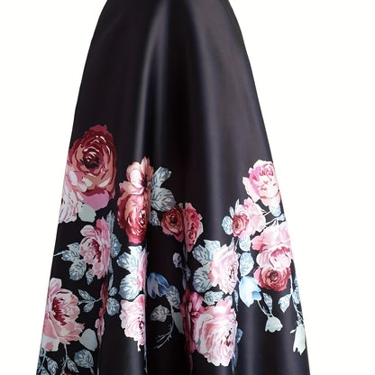Plus Size Elegant Skirt, Women's Plus Floral Print High Rise Non-stretch A-line Maxi Skirt
