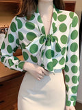 vlovelaw  Polka Dot Print Tie Front Blouse, Boho Long Sleeve Blouse, Women's Clothing